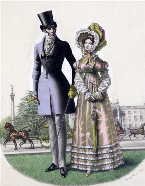 Arthur Ernest Barbosa (1908-1995) Regency couple; Book jacket design and Park Street largest 11 x 8.5in., unframed